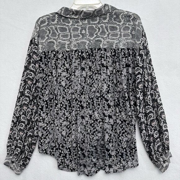Free People Button Up Blouse Sz M Dani Black Paisley Snakeskin Semi Sheer Shirt - Picture 7 of 11